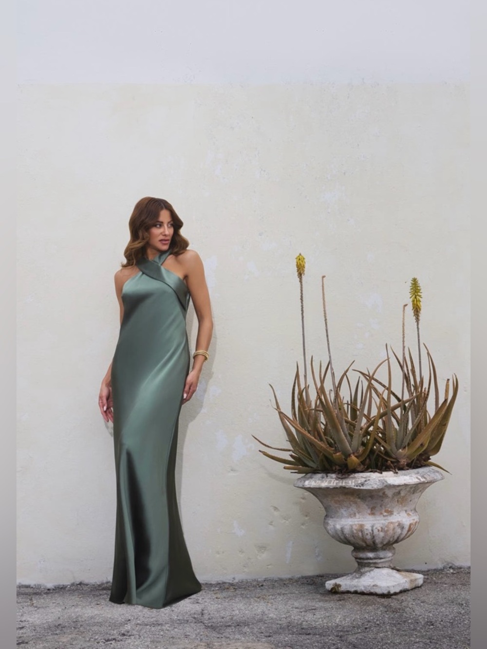 Xscape Satin Olive Green Halter Neck Trumpet Gown RC468